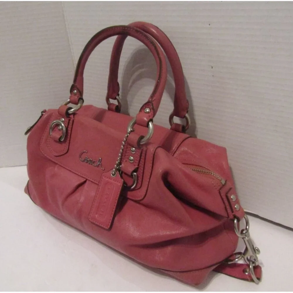 Coach Ashley Coral Pink Leather Satchel Pleated Silver Hardware Hobo Bag
